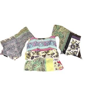 Single Y2K Vintage 100% Silk Patchwork Boho Tie Waist Bell Sleeve Silk Fairy Top